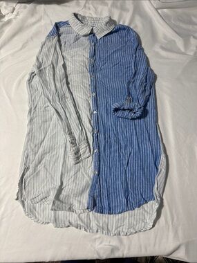 C&C California Blue Stripe Linen Blend Longline Tunic Cover Up Shirt | Size M